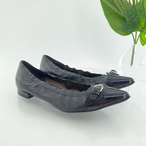AGL Ballet Flats Women's Size 36.5 6.5 Pointed Black Leather Patent Cap Toe Shoe - Picture 1 of 13